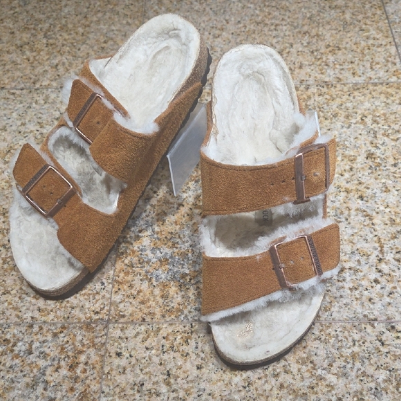 Birkenstock Shoes - Birkenstock Arizona Sherpa Tan Suede Women's Sandals